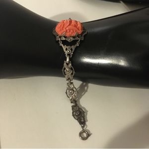 OOAK Antique Sterling & Coral ArtDeco Filigree Bracelet